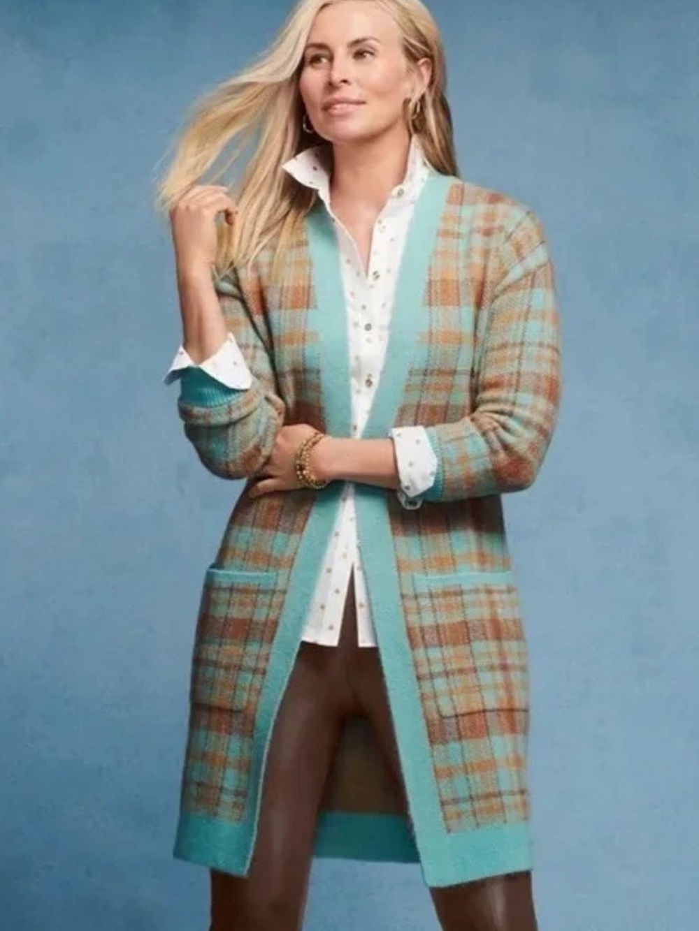 Talbots petites Mp Birdseye plaid Aqua and Camel Herringbone Cardigan sweater